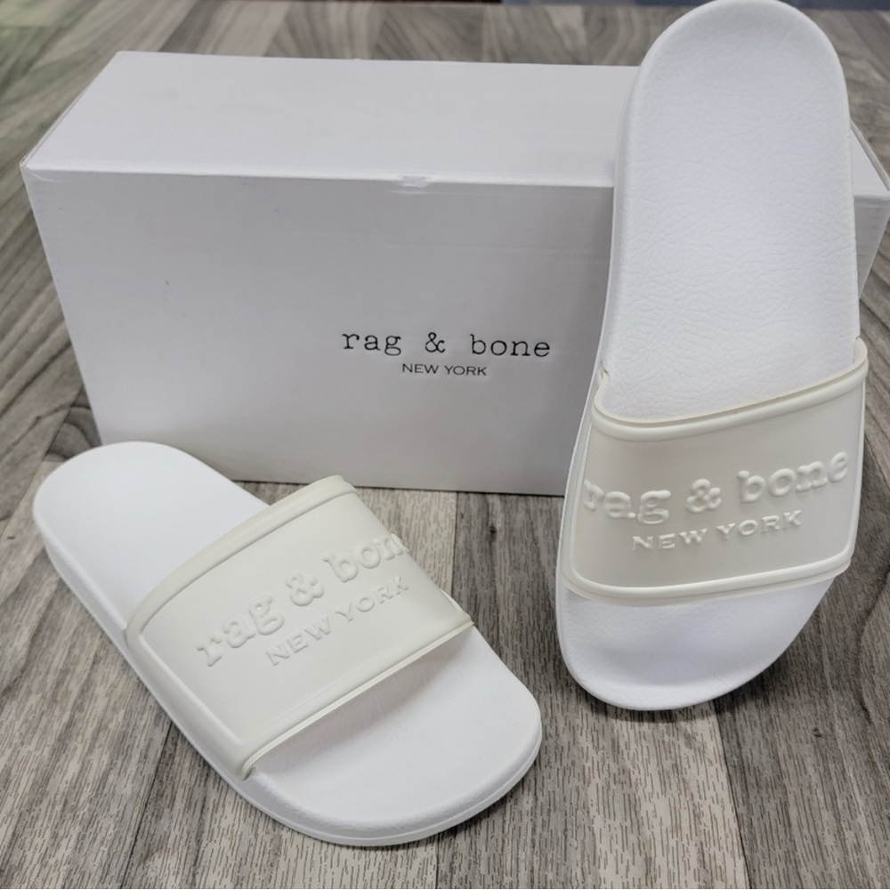 Rag and Bone | Embossed Logo Pool Slides NIB - White/Cream